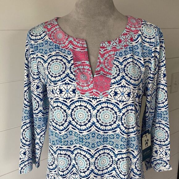 Caribbean Joe Womens UPF 50 Yoke Neck Dress Medallion Blue Sz Large NWT… - Picture 2 of 10